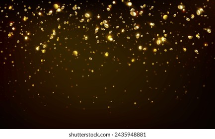 Twinkling golden glitter drops floating realistic vector illustration. Shiny confetti shower 3d design. New year party decor on black background