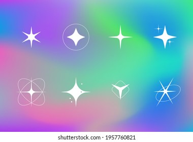 Twinkling Icons Set in retro vintage style. Star burst sparkle art. Christmas festive graphic design, celebrate carnival shine decoration.  Glowing light effect. Mesh gradient. Holographic texture