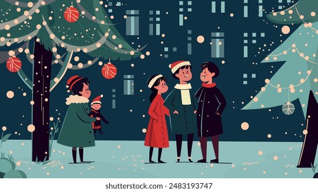 Twinkling lights adorn buildings, reflecting in the icy windows. People bundled in winter wear scurry along, carrying gifts and spreading holiday cheer. 