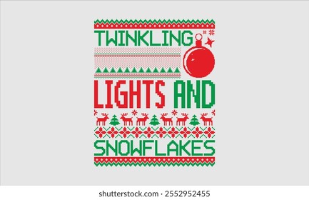 Luces centelleantes y copos de nieve - día de las Navidades diseño de la camiseta del suéter feo, esta ilustración se puede utilizar como impresión y bolsos, para la cortadora, camafeo de la silueta, Cricut, aislado en backgro blanco