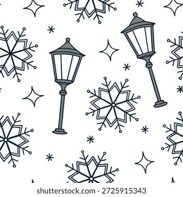 Floco de neve cintilante e padrão de telha sem costura lanterna com brilho inverno acentos conceito como flocos de neve cintilante emparelhado com lanternas brilhantes criar um padrão de telha sem costura com acentos de inverno radiante para decoração festiva no Photo Stock Concept e espaço vazio no lado esquerdo, sem texto —ar 7:2 —tile