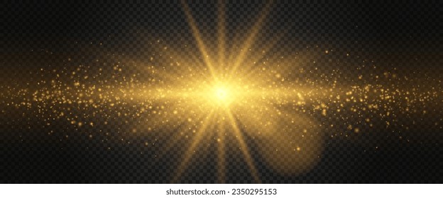 A twinkling star in stardust on a dark background. Sparkling and shining stars, bright flashes of lights with radiation. Vector EPS 10.