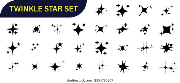Twinkling stars icon vector set. Minimalist twinkle star shape symbols. Shiny sparks icon. Modern geometric elements, shining star icon set. Twinkling spark and burst icons set.