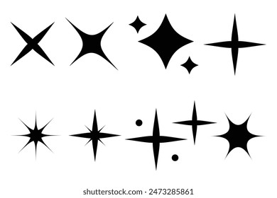 Twinkling stars  icons. Set of black silhouettes of stars. Shine icon, Clean star icon design. Abstract, Retro futuristic sparkle icons collection.