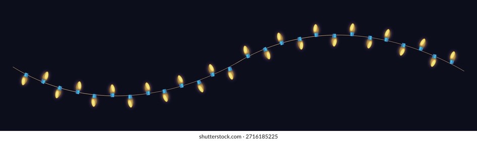 Twinkling warmen gelben String Lichter auf einem welligen blauen Draht Schaffung einer festlichen Dekoration