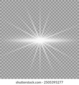A twinkling white star on a light gray background. Sparkling and shining stars, bright flashes of lights with radiation.
