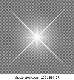 A twinkling white star on a light gray background. Sparkling and shining stars, bright flashes of lights with radiation.