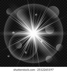 A twinkling white star on a light gray background. Sparkling and shining stars, bright flashes of lights with radiation. Vector EPS 10.