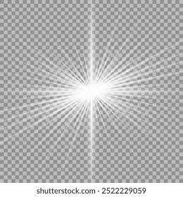 A twinkling white star on a light gray background. Sparkling and shining stars, bright flashes of lights with radiation. Vector EPS 10.