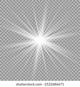 A twinkling white star on a light gray background. Sparkling and shining stars, bright flashes of lights with radiation. Vector EPS 10.