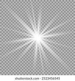 Uma estrela branca cintilante sobre um fundo cinza claro. Estrelas cintilantes e brilhantes, brilhos brilhantes de luzes com radiação. Vetor EPS 10