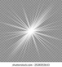 A twinkling white star on a light gray background. Sparkling and shining stars, bright flashes of lights with radiation. Vector EPS 10.