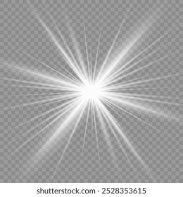 A twinkling white star on a light gray background. Sparkling and shining stars, bright flashes of lights with radiation. Vector EPS 10.