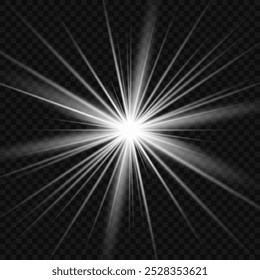 Uma estrela branca cintilante sobre um fundo cinza claro. Estrelas cintilantes e brilhantes, brilhos brilhantes de luzes com radiação. Vetor EPS 10