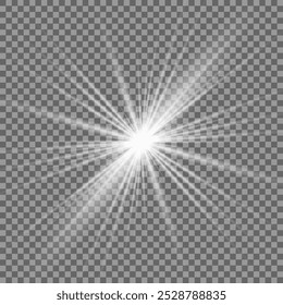 A twinkling white star on a light gray background. Sparkling and shining stars, bright flashes of lights with radiation. Vector EPS 10.