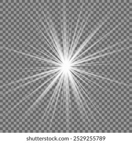A twinkling white star on a light gray background. Sparkling and shining stars, bright flashes of lights with radiation. Vector EPS 10.