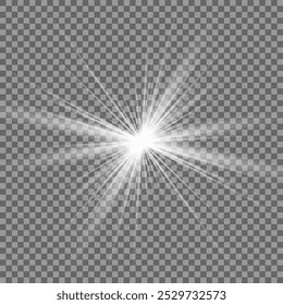 A twinkling white star on a light gray background. Sparkling and shining stars, bright flashes of lights with radiation. Vector EPS 10.