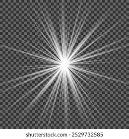 Uma estrela branca cintilante sobre um fundo cinza claro. Estrelas cintilantes e brilhantes, brilhos brilhantes de luzes com radiação. Vetor EPS 10