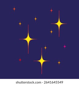 Twinkling yellow stars. Dark blue background. Shiny spark vector. Night sky symbol.