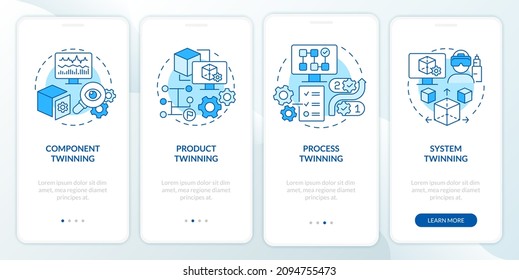 Twinning levels blue onboarding mobile app screen. Component and process walkthrough 4 steps graphic instructions pages with linear concepts. UI, UX, GUI template. Myriad Pro-Bold, Regular fonts used