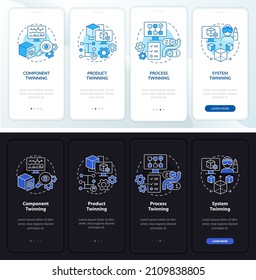 Twinning levels night and day mode onboarding mobile app screen. Walkthrough 4 steps graphic instructions pages with linear concepts. UI, UX, GUI template. Myriad Pro-Bold, Regular fonts used