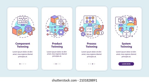 Twinning levels onboarding mobile app screen. Component and product walkthrough 4 steps graphic instructions pages with linear concepts. UI, UX, GUI template. Myriad Pro-Bold, Regular fonts used