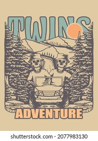twins adventure vector print illustration