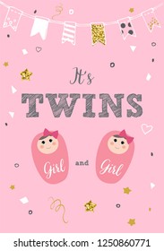 It's twins. Babies gender announcement vector card.
