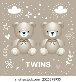 Twins Babies Greeting Card - Cute Teddy Bear. Adorable vector illustration with neutral colors. Welcoming a twins and celebrating a special moment with charm and warmth