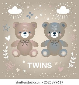 Twins Babies Greeting Card - Cute Teddy Bear. Adorable vector illustration with neutral colors. Welcoming a twins and celebrating a special moment with charm and warmth
