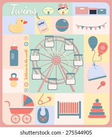 Twins, baby boy and girl shower set of elements for design