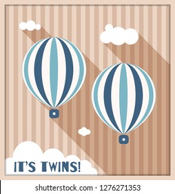 It's Twins Baby Showe Card With Hot Air Balloons, Stripes And Clouds