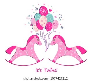 It's  Twins! Baby shower card. Invitation template with lettering, Balloons and cute rocking horse. Vector illustration