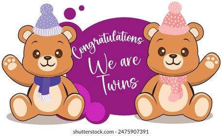 Twins baby shower cute teddy bear baby announcement birthday wishes vector