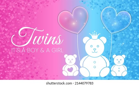 Diseño de invitaciones para bebés gemelas. Azul y rosa es una ilustración de una chica y un niño vector con osos y globos cardíacos 