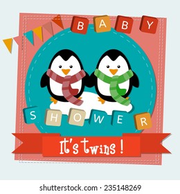 Twins baby shower invitation template vector illustration. Vintage scrapbooking card with two pinguins