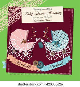 Twins baby shower invitation template vector illustration