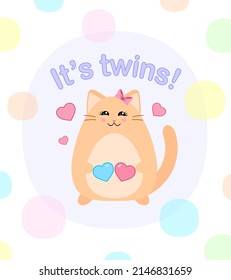 It's twins. Baby shower party. Gender of a child. Pregnancy announcement. Expecting a baby. Happy pregnant mother. Cartoon cat. Greeting card or print design. Blue heart. Kawaii