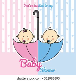 Twins Baby Shower. Twin Babies Inside An Umbrella