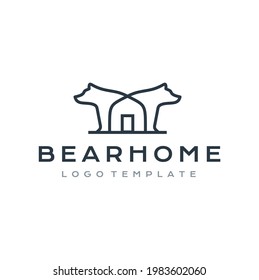 Twins Bear with House with simple mono line art style for home building real estate residential logo design