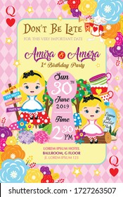 twins birthday invitation with two little girl. tea party invitation.