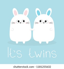 Its twins. Boy Girl. Two cute twin bunny rabbit set holding hands. Hare head couple family icon. Cute cartoon funny smiling character set. Blue background. Isolated. Flat design Vector illustration