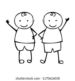 Twins Boys. Brothers. Linear vector people in the children's style