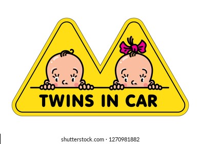 Twins in car sticker. Faces of baby boy and girl