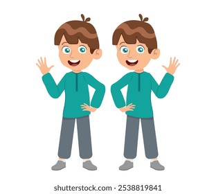 twins, cartoon-style boys with identical clothes. vector illustration.