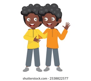 twins, cartoon-style boys with identical and similar clothes. vector illustration.