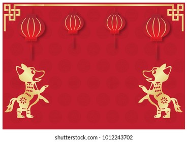 Twins Chinese New Year golden dogs and Chinese lanterns hanging with golden frame corner on Chinese pattern and red background in vector design.