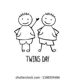 Twins day. Congratilation card with linear vector people in the children's style