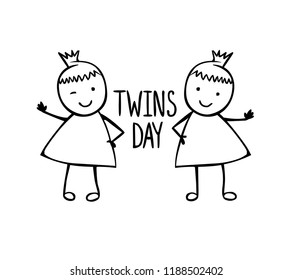 Twins day. Congratilation card with linear vector girls in the children's style
