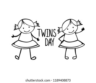 Twins day. Congratilation card with linear vector girls in the children's style